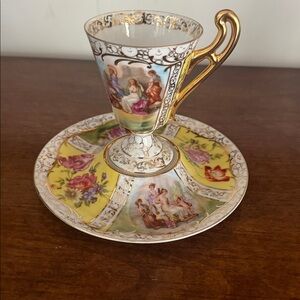 Beautiful antique Austrian footed cocoa cups with saucers, set of 6, 3 colors